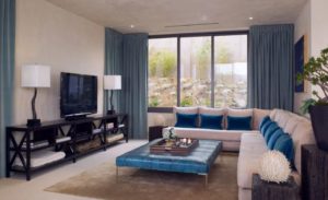 living room with blue and white decor